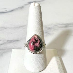 16x12mm Pear Shape Rhodonite Solitaire Sterling Silver Ring